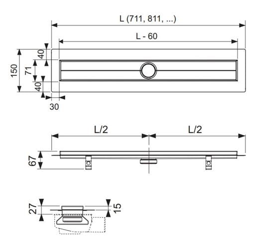 TECE DRAINLINE sprchový žľab 1500 mm, do priestoru, bez odtoku, bez roštu, nerez oceľ 601500 Technický nákres