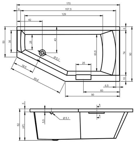 RIHO GETA rohová vaňa 170x90 cm, bez nožičiek, akrylát B032001005 Technický nákres