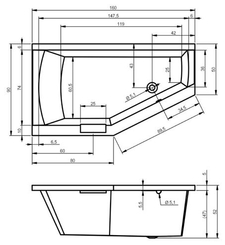RIHO GETA rohová vaňa 160x90 cm, bez nožičiek, akrylát B029001005 Technický nákres
