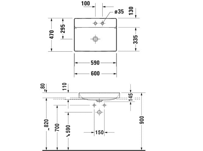 DURAVIT DURASQUARE umývadlo 60 cm, bez prepadu 2354600070 Technický nákres