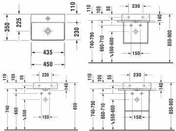 DURAVIT DURASQUARE umývadielko 45 cm, s otvorom pre batérie, bez prepadu 0732450041 Technický nákres