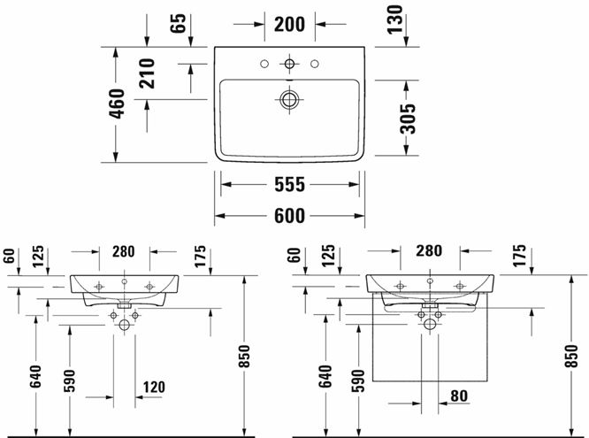 DURAVIT NO.1 umývadlo 60 cm, s otvorom pre batériu a prepadom 23756000002 Technický nákres