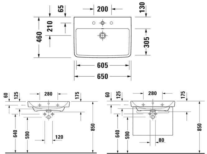 DURAVIT NO.1 umývadlo 65 cm, s otvorom pre batériu a prepadom 23756500002 Technický nákres