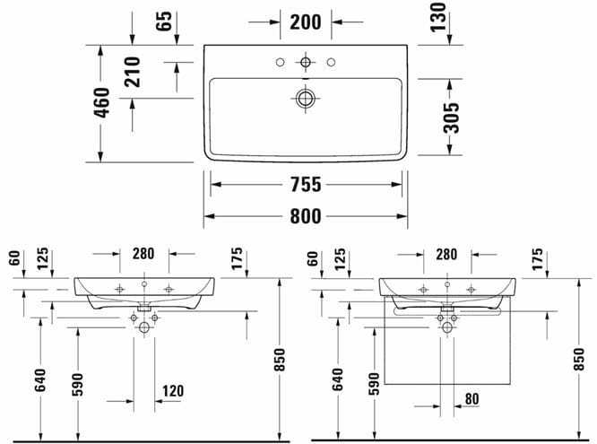 DURAVIT NO.1 umývadlo 80 cm, s otvorom pre batériu a prepadom 23758000002 Technický nákres