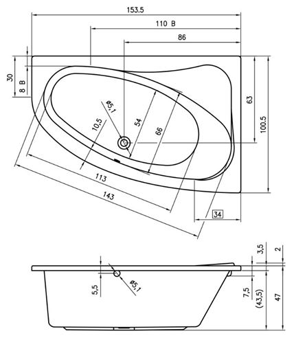 RIHO ARYL rohová vaňa 153,5x100,5 cm, bez nožičiek, akrylát B022001005 Technický nákres