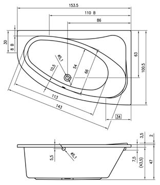 RIHO ARYL rohová vaňa 153,5x100,5 cm, bez nožičiek, akrylát B022001005 Technický nákres