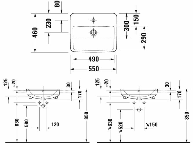 DURAVIT NO.1 umývadlo 55 cm, s otvorom pre batériu a prepadom 03765500002 Technický nákres
