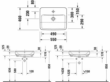DURAVIT NO.1 umývadlo 55 cm, s otvorom pre batériu a prepadom 03765500002 Technický nákres