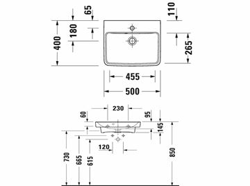 DURAVIT NO.1 umývadielko 50 cm, s otvorom pre batériu a prepadom 07435000002 Technický nákres