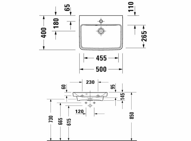 DURAVIT NO.1 umývadielko 50 cm, s otvorom pre batériu a prepadom 07435000002 Technický nákres