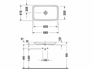DURAVIT PURAVIDA umývadlo na dosku 69,5 cm, bez prepadu, WonderGliss 03707000001 Technický nákres
