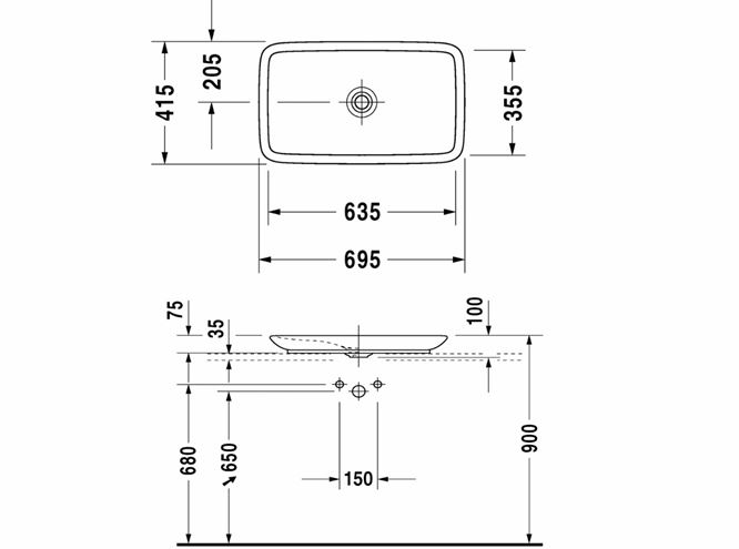 DURAVIT PURAVIDA umývadlo na dosku 69,5 cm, bez prepadu, WonderGliss 03707000001 Technický nákres