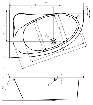 RIHO ARYL rohová vaňa 153,5x100,5 cm, bez nožičiek, akrylát B021001005 Technický nákres