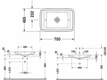 DURAVIT PURAVIDA umývadlo 70 cm, bez prepadu 0369700000 Technický nákres