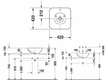 DURAVIT BACINO umývadlová misa 42 cm, s prepadom 0333420000 Technický nákres