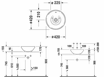 DURAVIT BACINO umývadlová misa 42 cm, s prepadom 0325420000 Technický nákres