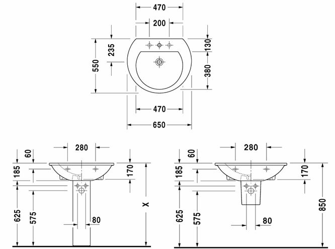 DURAVIT DARLING NEW umývadlo 65 cm, s otvorom pre batériu a prepadom 2621650000 Technický nákres