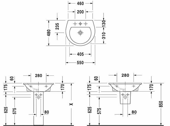 DURAVIT DARLING NEW umývadlo 55 cm, s otvorom pre batériu a prepadom 2621550000 Technický nákres