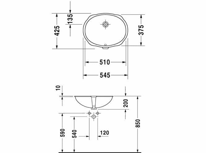 DURAVIT SANTOSA umývadlo 51 cm, s prepadom 0466510000 Technický nákres