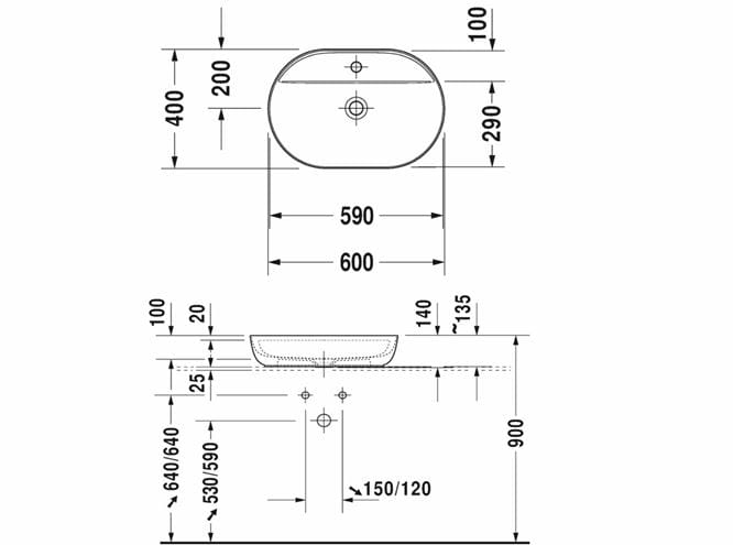 DURAVIT LUV umývadlo na dosku 60 cm, s otvorom pre batériu, bez prepadu 0380600000 Technický nákres