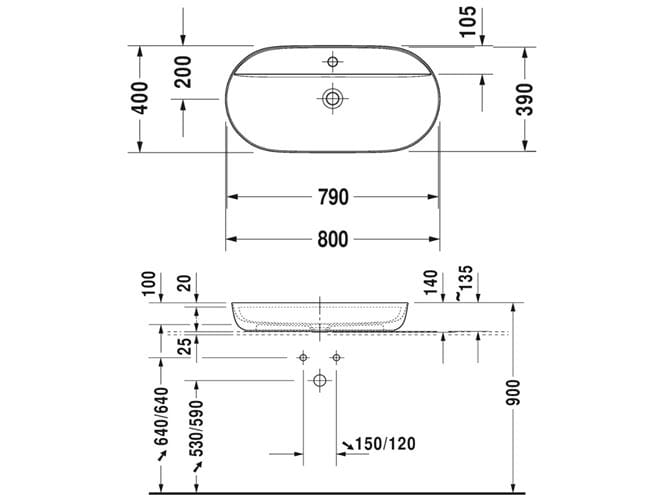 DURAVIT LUV umývadlo na dosku 80 cm, s otvorom pre batériu, bez prepadu 0380800000 Technický nákres