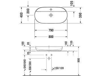 DURAVIT LUV umývadlo na dosku 80 cm, s otvorom pre batériu, bez prepadu 0380800000 Technický nákres
