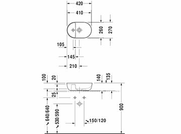 DURAVIT LUV umývadlo na dosku 42 cm, s otvorom pre batériu, bez prepadu 0381420000 Technický nákres