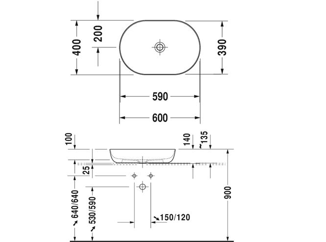DURAVIT LUV umývadlová misa 60 cm, bez prepadu 0379600000 Technický nákres