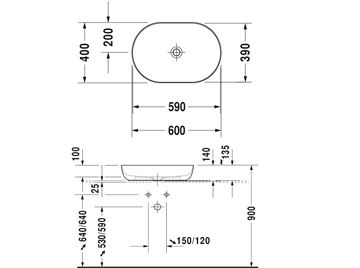 DURAVIT LUV umývadlová misa 60 cm, bez prepadu 0379600000 Technický nákres