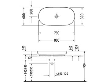DURAVIT LUV umývadlová misa 80 cm, bez prepadu 0379800000 Technický nákres