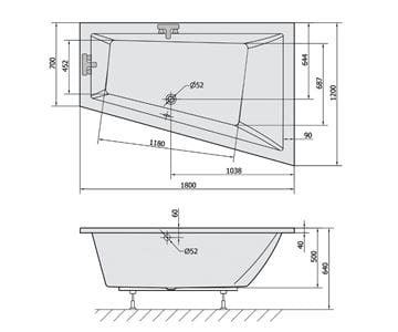POLYSAN TRIANGL rohová vaňa 180x120 cm, bez nožičiek, akrylát 20611 Technický nákres
