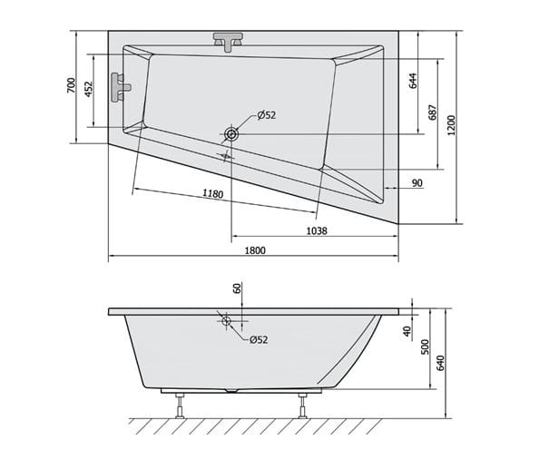 POLYSAN TRIANGL rohová vaňa 180x120 cm, bez nožičiek, akrylát 20611 Technický nákres