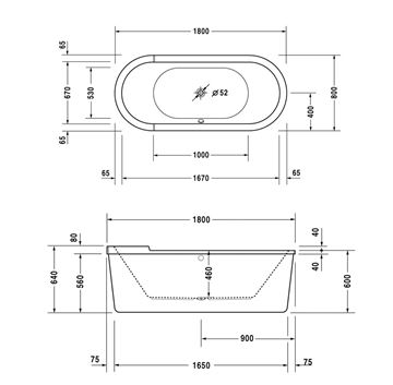 DURAVIT STARCK voľne stojaca vaňa 180x80 cm, pre 2 osoby, s konštrukciou, akrylát 700010000000000 Technický nákres