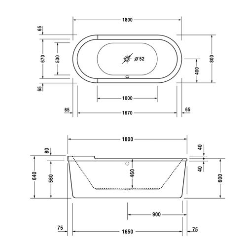 DURAVIT STARCK voľne stojaca vaňa 180x80 cm, pre 2 osoby, s konštrukciou, akrylát 700010000000000 Technický nákres