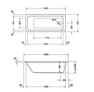 DURAVIT D-CODE vaňa 160x70 cm, bez nožičiek, akrylát 700096000000000 Technický nákres