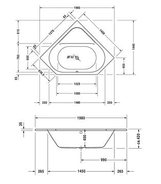DURAVIT D-CODE rohová vaňa 140x140 cm, pre 2 osoby, bez nožičiek, akrylát 700137000000000 Technický nákres