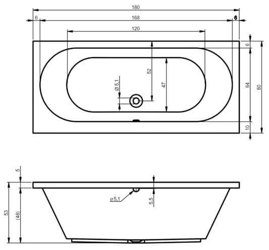 RIHO CAROLINA vaňa 180x80 cm, bez nožičiek, akrylát B056001005 Technický nákres