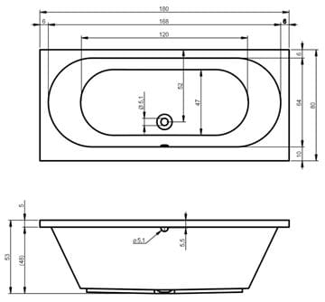 RIHO CAROLINA vaňa 180x80 cm, bez nožičiek, akrylát B056001005 Technický nákres