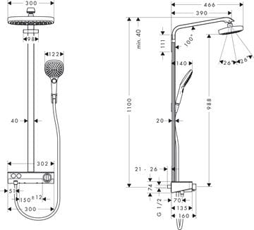 HANSGROHE RAINDANCE SELECT E SHOWERPIPE 300 sprchový set, horná sprcha, ručná sprcha s 3 prúdmi, tyč, hadica, EcoSmart, biela/chróm 27283400 Technický nákres