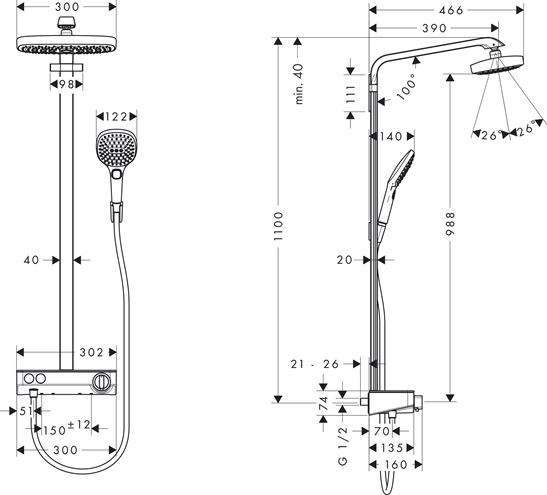 HANSGROHE RAINDANCE SELECT E SHOWERPIPE 300 sprchový set, horná sprcha, ručná sprcha s 3 prúdmi, tyč, hadica, EcoSmart, biela/chróm 27283400 Technický nákres