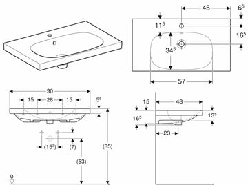 GEBERIT ACANTO umývadlo 90 cm, s otvorom pre batériu a prepadom, KeraTect 500.623.01.8 Technický nákres