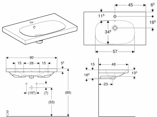 GEBERIT ACANTO umývadlo 90 cm, s otvorom pre batériu a prepadom, KeraTect 500.623.01.8 Technický nákres