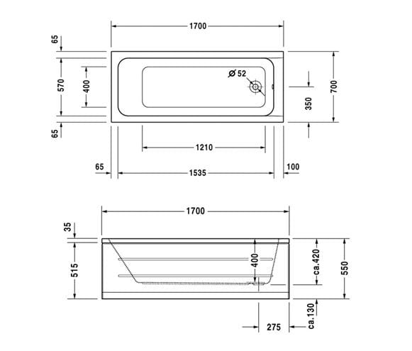 DURAVIT D-CODE vaňa 170x70 cm, bez nožičiek, akrylát 700098000000000 Technický nákres