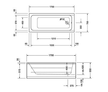 DURAVIT D-CODE vaňa 170x70 cm, bez nožičiek, akrylát 700098000000000 Technický nákres