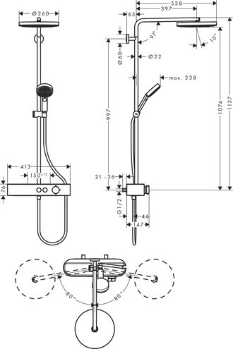 HANSGROHE PULSIFY S SHOWERPIPE 260 sprchový set s temostatickou batériou, horná sprcha, ručná sprcha s 3 prúdmi, tyč, hadica, EcoSmart, chróm 24221000 Technický nákres