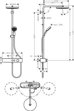 HANSGROHE PULSIFY S SHOWERPIPE 260 sprchový set s temostatickou batériou, horná sprcha, ručná sprcha s 3 prúdmi, tyč, hadica, EcoSmart, chróm 24221000 Technický nákres