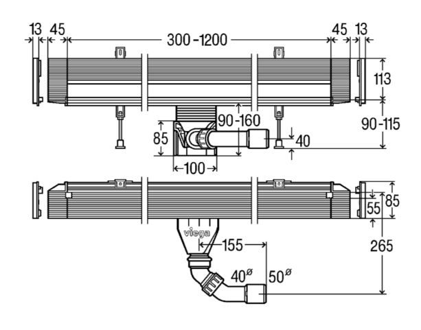 VIEGA ADVANTIX VARIO 4967.10 sprchový žľab 1200 mm, k stene, bočný odtok DN 50, bez roštu, plast 736552 Technický nákres