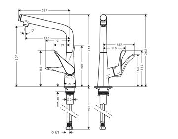 HANSGROHE METRIS SELECT 320 drezová batéria, nerez 14883800 Technický nákres