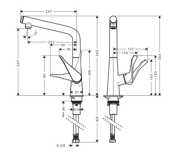 HANSGROHE METRIS SELECT 320 drezová batéria, nerez 14883800 Technický nákres