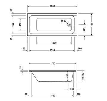 DURAVIT D-CODE vaňa 170x75 cm, bez nožičiek, akrylát 700100000000000 Technický nákres